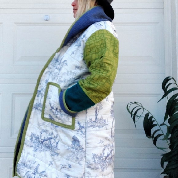 Handmade Chic Multicolor Trench Coat Blue Delft Country Colorblock - Picture 2 of 6